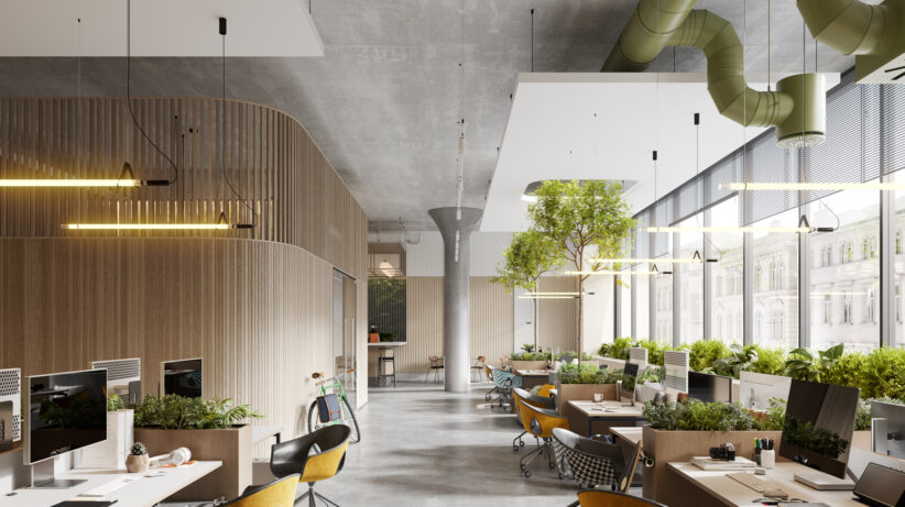 leed v5 3d image of sustainable and environmentally friendly office. Digitally generated image of office desks with desktop computers, plants and large windows.